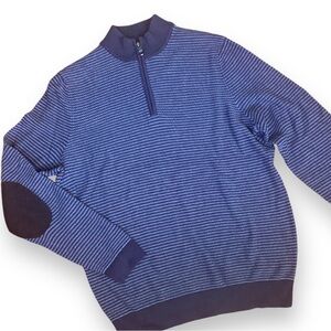 Jos.A. Bank Mens Long Sleeve Quarter Zip Sweater blue stripes elbow patch Large